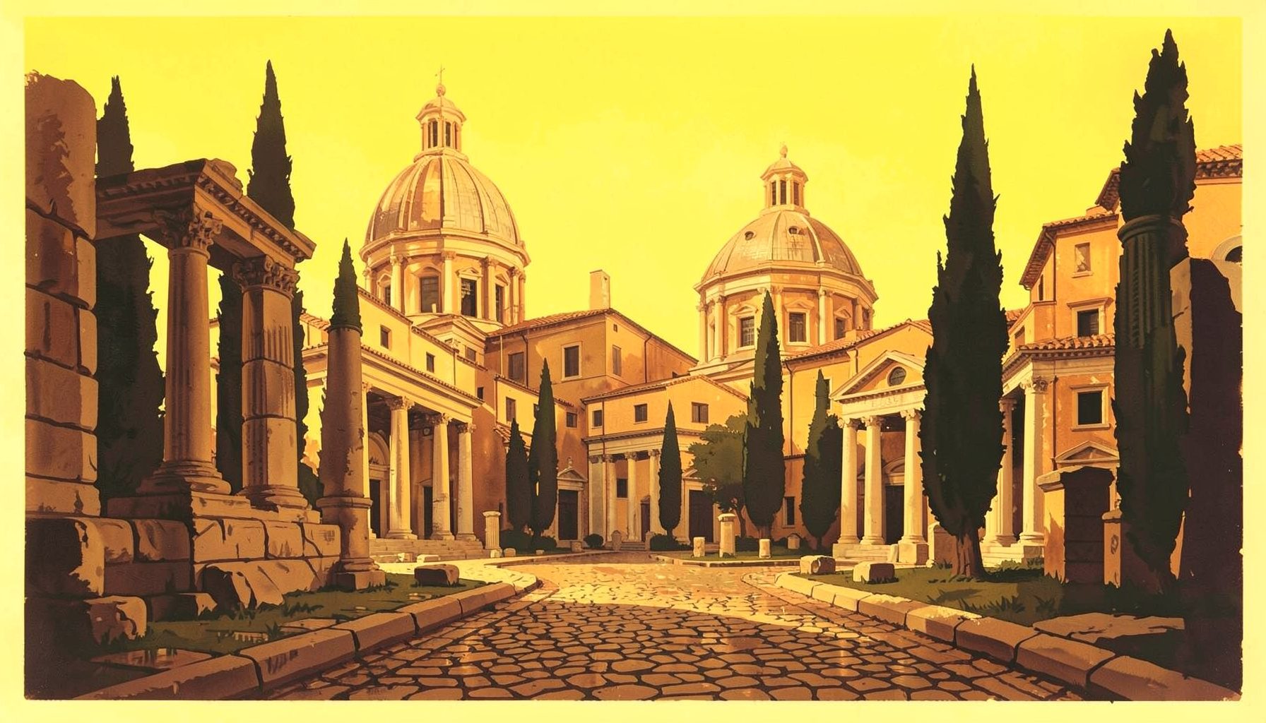 Matte gouache poster painting of ancient Roman ruins and domed churches bathed in warm golden light, with cobblestone streets and cypress trees, timeless mood