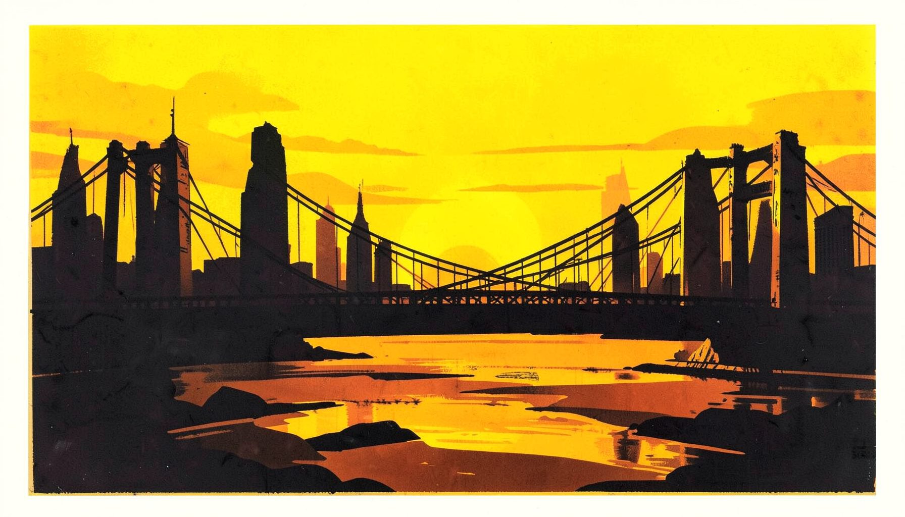 Matte gouache poster painting of a dramatic skyline with suspension bridge spanning a river, skyscrapers silhouetted against a warm sunset, energetic mood