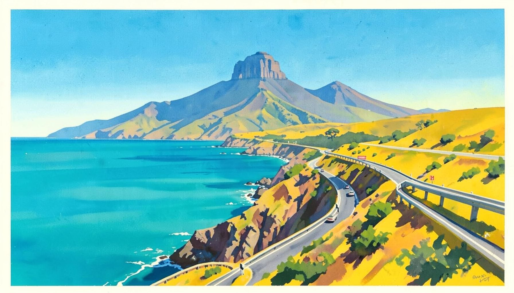 A winding coastal road hugging dramatic cliffs above turquoise ocean, with Table Mountain rising in the distance under a bright blue sky