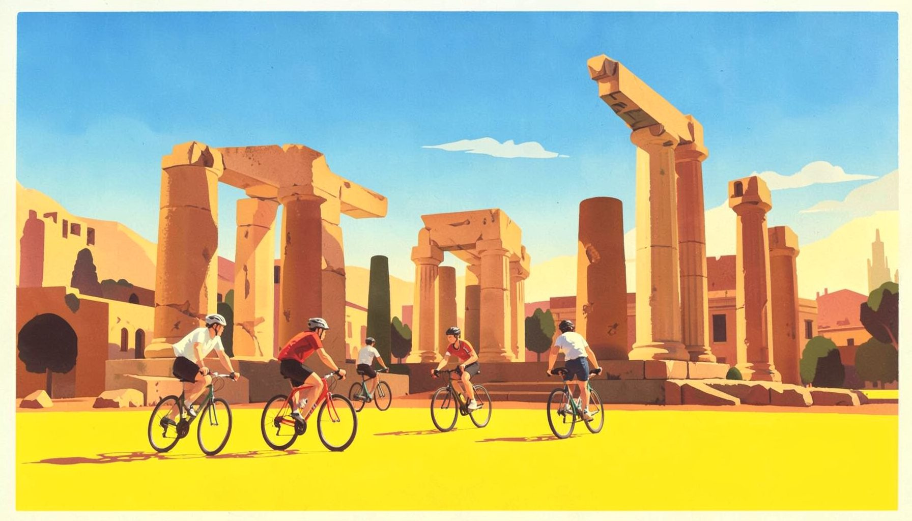Cyclists riding past ancient Roman ruins on a sunlit morning, warm terracotta and stone tones with blue sky