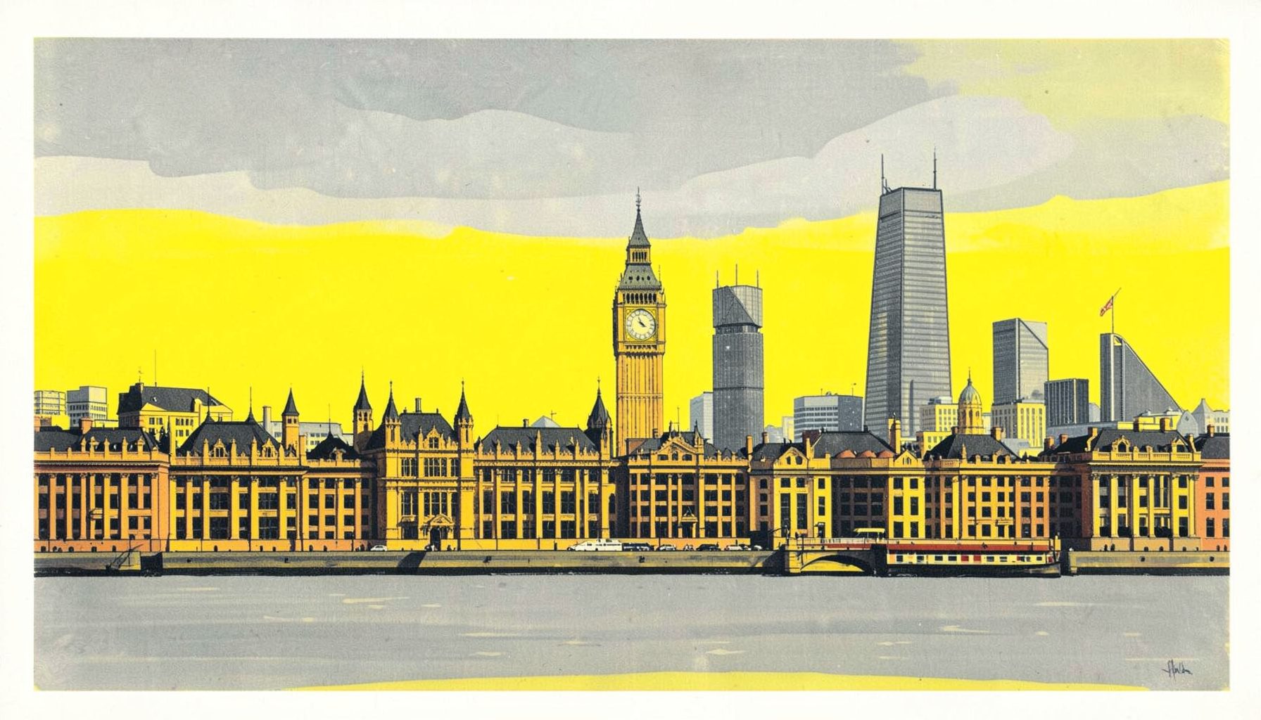 Matte gouache poster painting of a historic city skyline with the River Thames, Big Ben and modern towers under a soft grey sky, cosmopolitan mood
