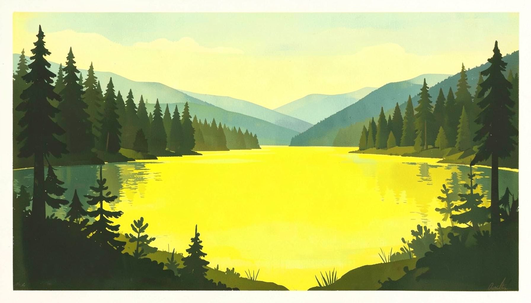 Matte gouache poster painting of a serene lake surrounded by pine forests and gentle hills under a soft Scandinavian sky, calm and expansive mood