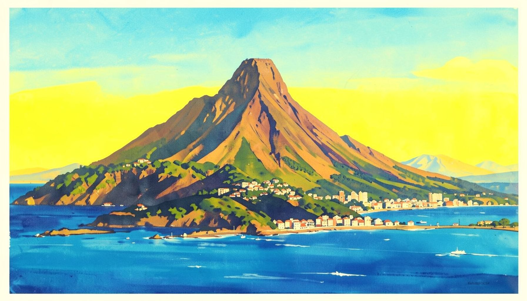 Matte gouache poster painting of Table Mountain rising above a coastal city with blue ocean and bright sky, warm and inviting mood
