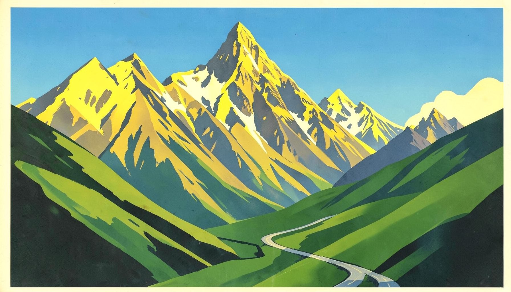 Matte gouache poster painting of towering alpine peaks with a winding road cutting through green mountain slopes under a crisp blue sky, majestic mood
