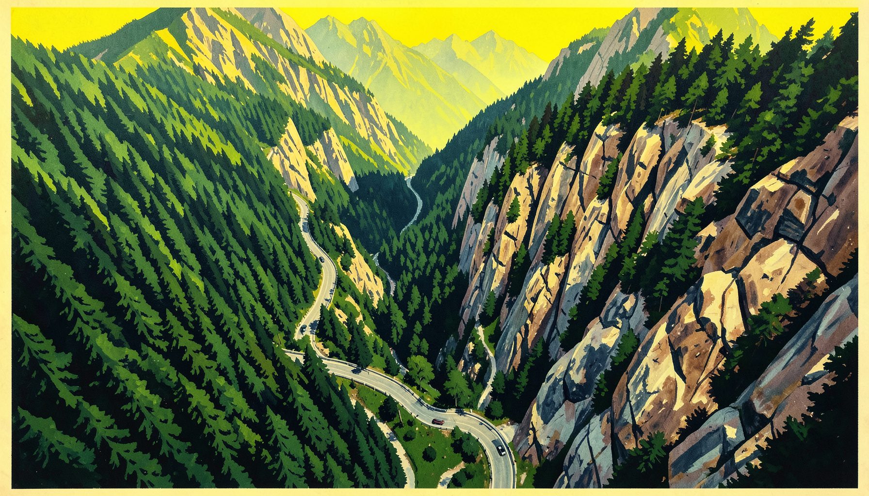 Aerial view of a winding mountain road cut through rocky cliffs with dense green forest, dramatic and expansive mood